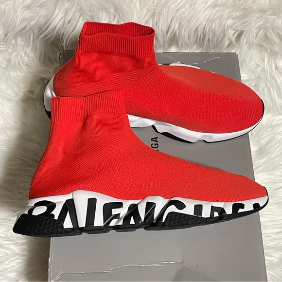 Balenciaga Men’s Speed LT Graffiti Recycled Knit Trainers Red/Black/White - Picture 1 of 9
